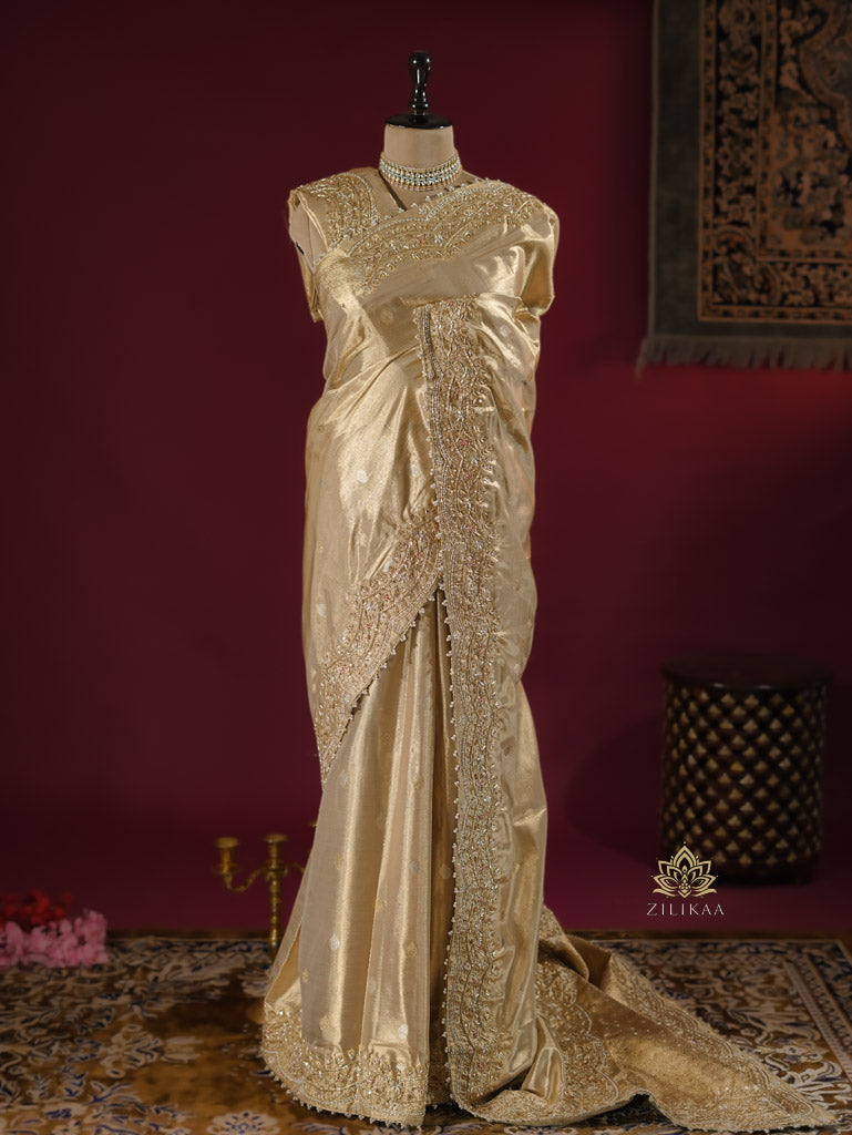 Ivory Gold Zardozi Hand Embroidery Kanchipuram Tissue Silk Saree