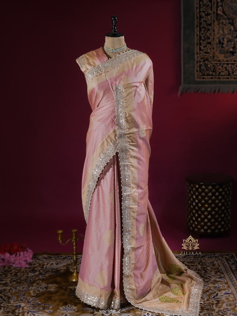 Baby Pink Gotapatti Hand Embroidery Tanchoi Silk Saree