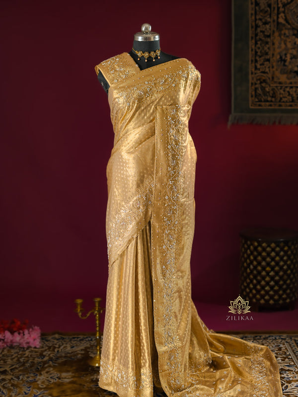 Gold Special Kanchipuram Tissue Silk Saree with Zardozi Hand Embroidery