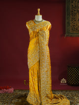 Mustard Yellow Zardozi Handwork Mulberry Banarasi Silk Saree