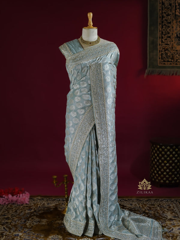 Ocean Green Zari Tissue Silk Saree with Beautiful Hand Embroidery