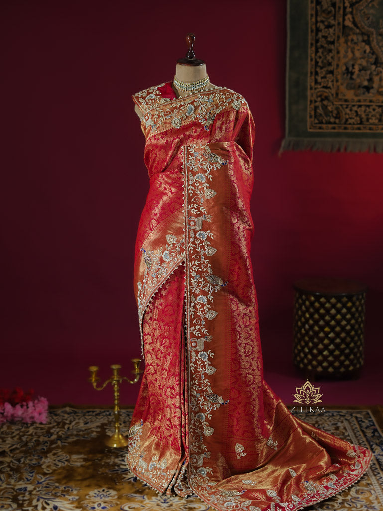 Bride Special Zardozi Hand Embroidery Kanchipuram Silk Saree