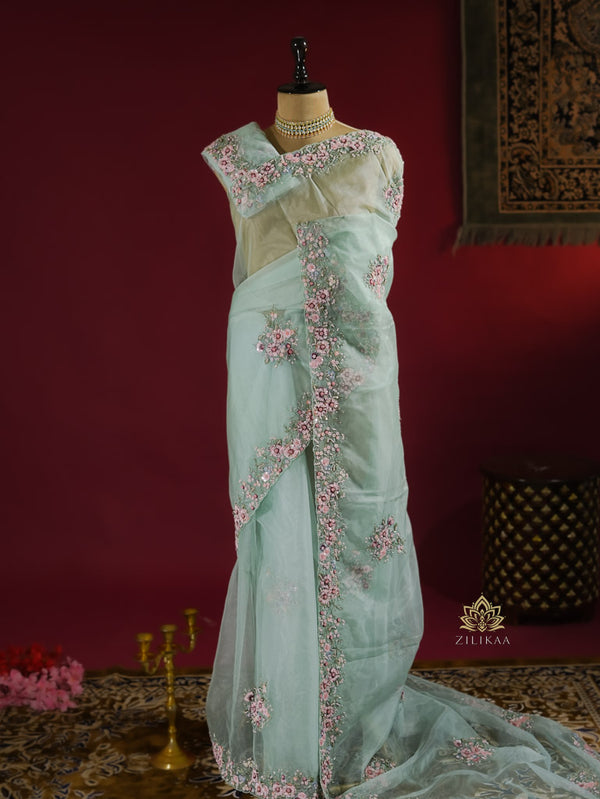 Ocean Green Hand Embroidery Organza Silk Saree