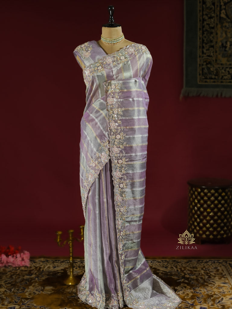 Lilac Purple Designer Hand Embroidery Rangkat Kanchi Tissue Silk Saree