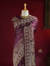 Plum Wine Zardozi Handwork Mulberry Banarasi Silk Saree