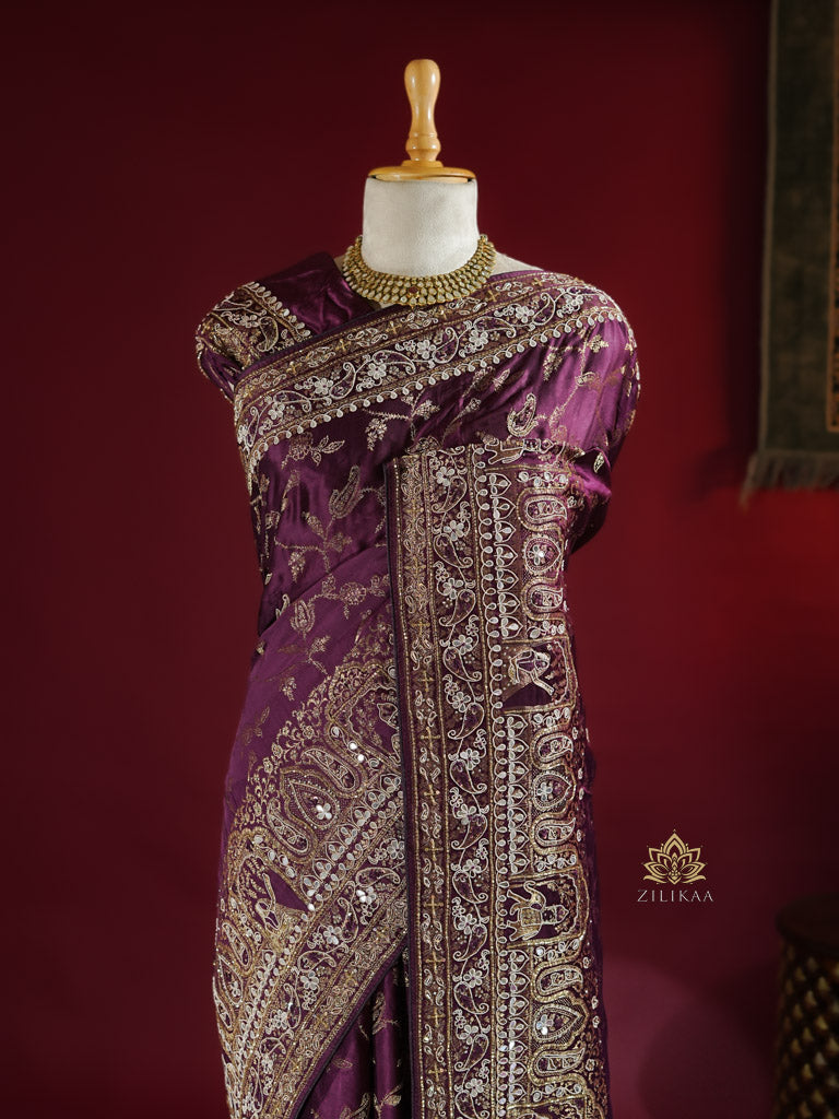 Plum Wine Zardozi Handwork Mulberry Banarasi Silk Saree