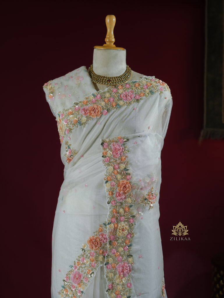 Pearl White Hand embroidery Organza Silk Saree