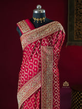 Calcutta Red Zardozi Pearl Handwork Mulberry Banarasi Silk Saree