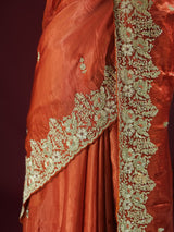 Rust Orange Mulberry Silk Saree With Zardozi Scalloped Border