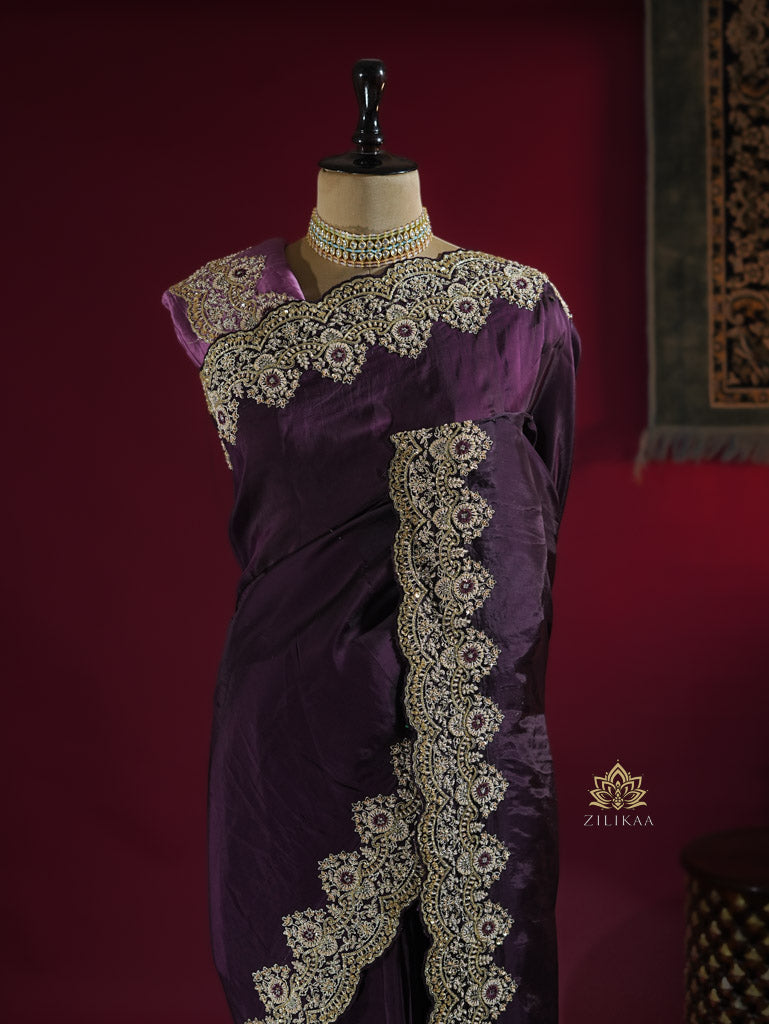 Plum Purple Munga Silk Saree With Zardozi Scalloped Border