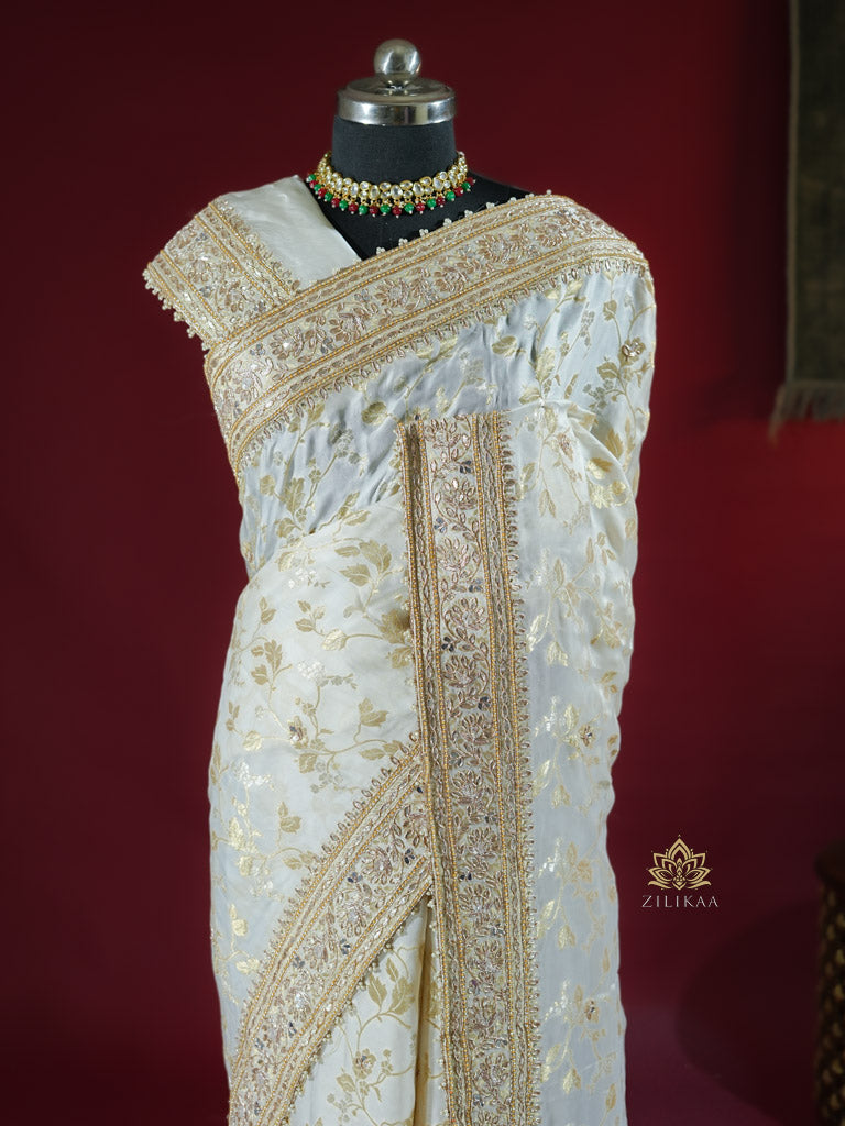 Ivory Special Zardozi Handwork Mulberry Banarasi Silk Saree