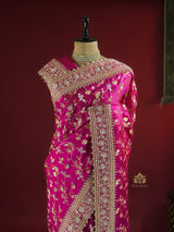 Queen Pink Zardozi Handwork Mulberry Banarasi Silk Saree