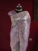 Lilac Purple Designer Hand Embroidery Kanchi Tissue Silk Saree