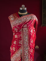 Calcutta Red Meenakari Banarasi Katan Silk Saree with Zardozi Handwork