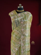 Parrot Green Designer Hand Embroidery Rangkat Kanchi Tissue Silk Saree