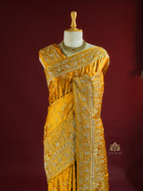 Mustard Yellow Zardozi Handwork Mulberry Banarasi Silk Saree