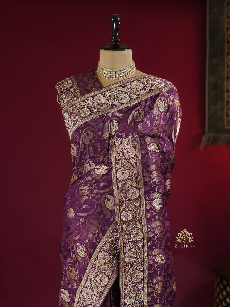 Plum Wine Zardozi Handwork Munga Banarasi Silk Saree