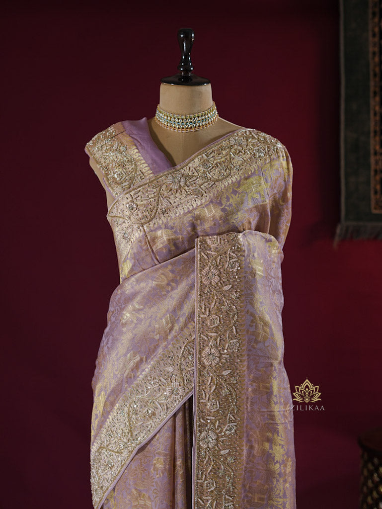 Lilac Purple Zardozi Handwork Kanchi Tissue Silk Saree