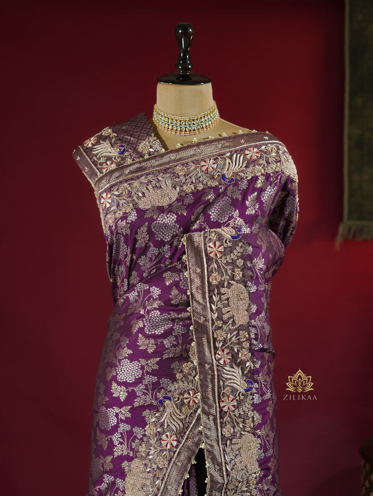 Plum Wine Banarasi Katan Silk Saree with Zardozi Handwork
