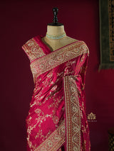 Calcutta Red Zardozi Handwork Mulberry Banarasi Silk Saree