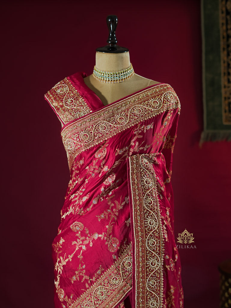 Calcutta Red Zardozi Handwork Mulberry Banarasi Silk Saree