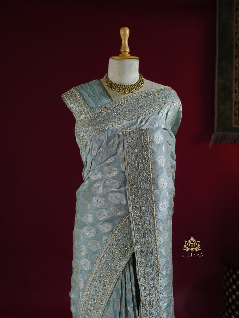 Ocean Green Zari Tissue Silk Saree with Beautiful Hand Embroidery