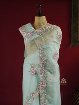 Ocean Green Hand Embroidery Organza Silk Saree