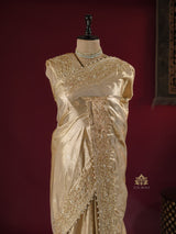 Ivory Gold Zardozi Hand Embroidery Kanchipuram Tissue Silk Saree