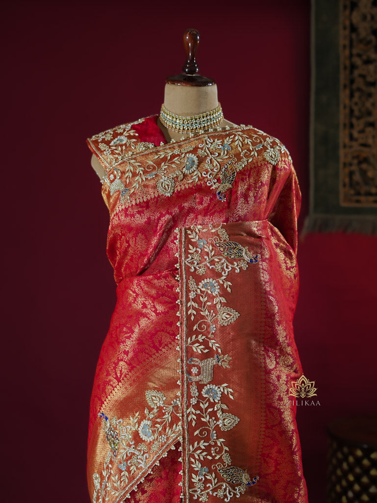 Bride Special Zardozi Hand Embroidery Kanchipuram Silk Saree