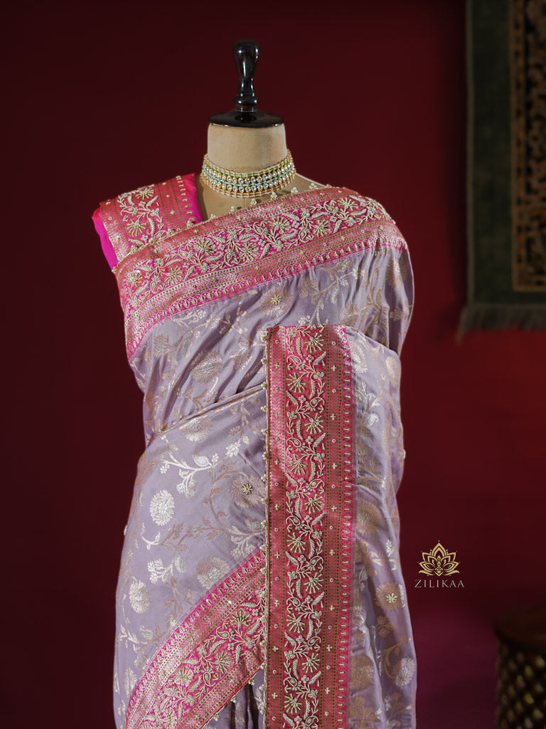Lilac Purple Banarasi Katan Silk Saree with Zardozi Hand Embroidery