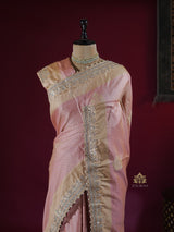 Baby Pink Gotapatti Hand Embroidery Tanchoi Silk Saree