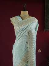 Ocean green Zardozi Handwork Munga Banarasi SIlk Saree