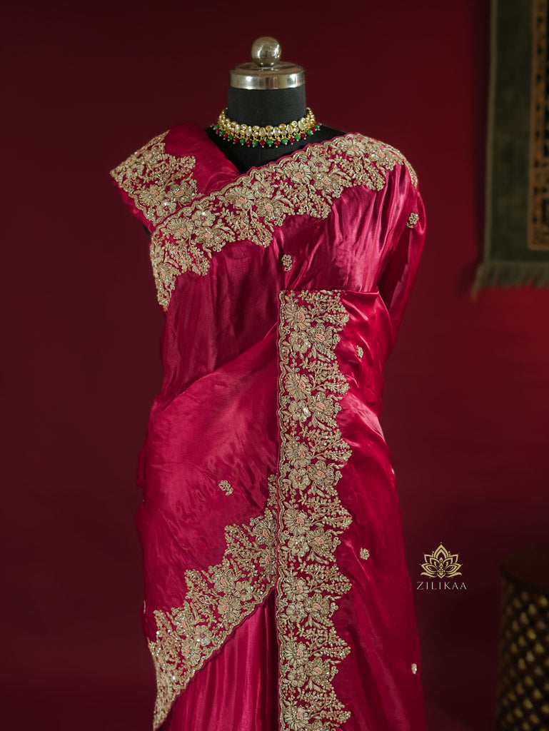 Queen Pink Mulberry Silk Saree With Zardozi Scalloped Border