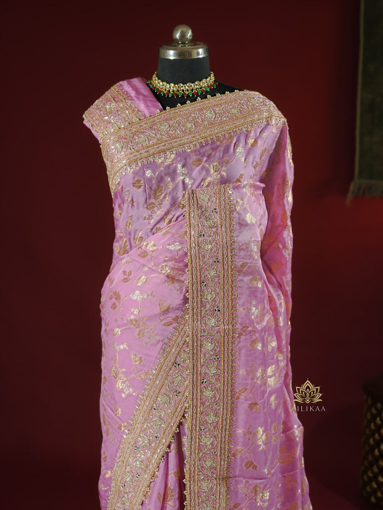 Baby Pink Zardozi Handwork Mulberry Banarasi Silk Saree