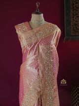 Salmon Pink Kanchipuram Tissue Silk Saree with Zardozi Hand Embroidery