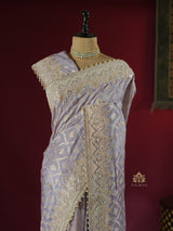 Lilac Purple Zardozi Handwork Munga Banarasi SIlk Saree