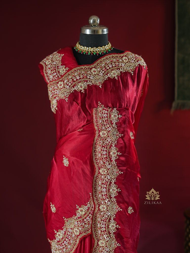 Rose Red Mulberry Silk Saree With Zardozi Scalloped Border