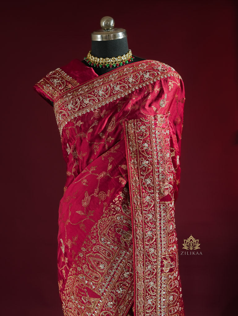 Calcutta Red Zardozi Handwork Mulberry Banarasi Silk Saree