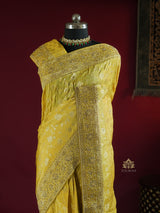 Lemon Yellow Zardozi Handwork Zari Tissue Silk Saree