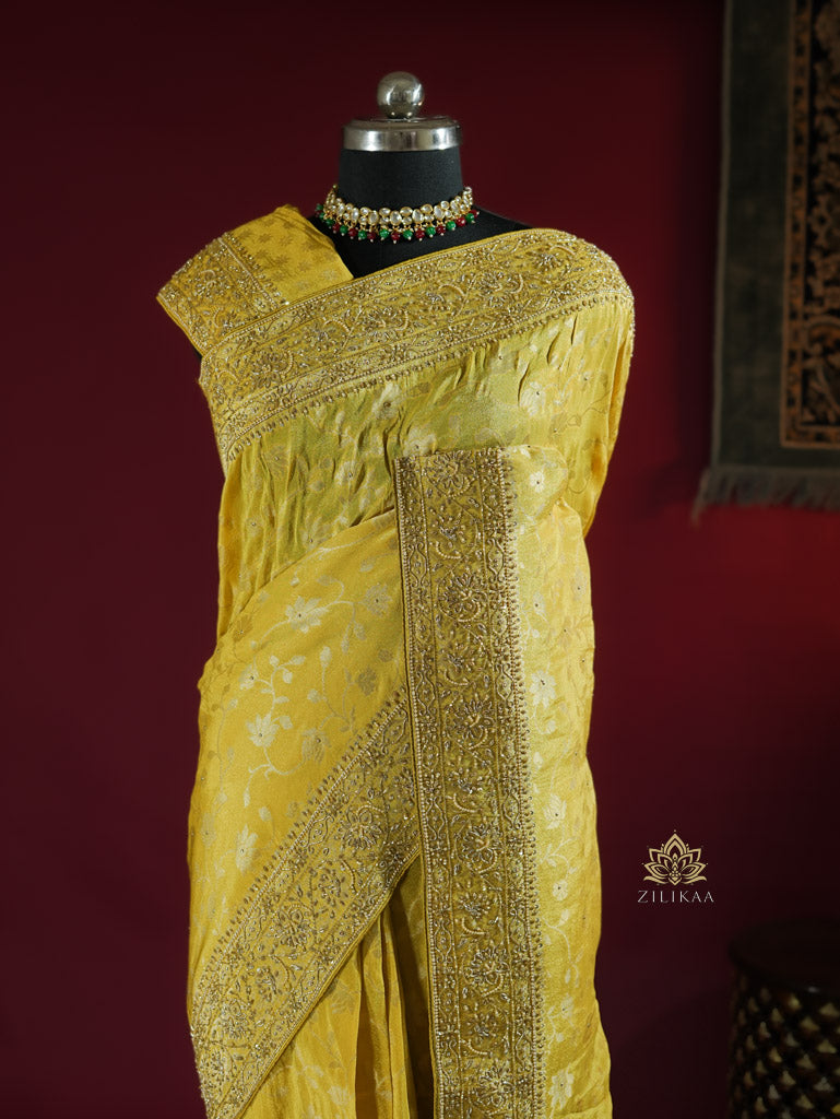 Lemon Yellow Zardozi Handwork Zari Tissue Silk Saree