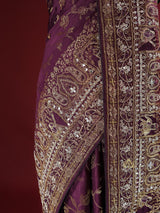 Plum Wine Zardozi Handwork Mulberry Banarasi Silk Saree