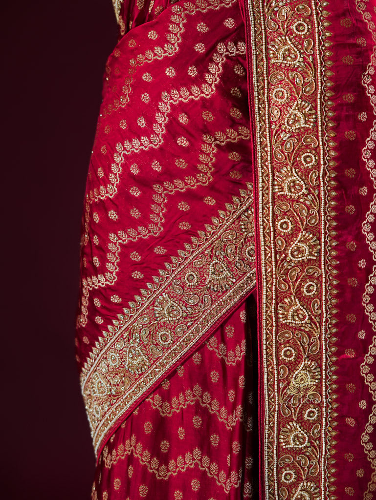 Calcutta Red Zardozi Handwork Mulberry Banarasi Silk Saree