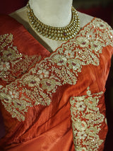 Rust Orange Mulberry Silk Saree With Zardozi Scalloped Border