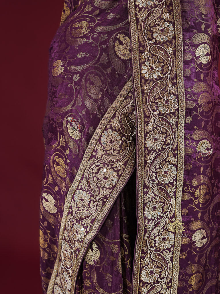 Plum Wine Zardozi Handwork Munga Banarasi Silk Saree