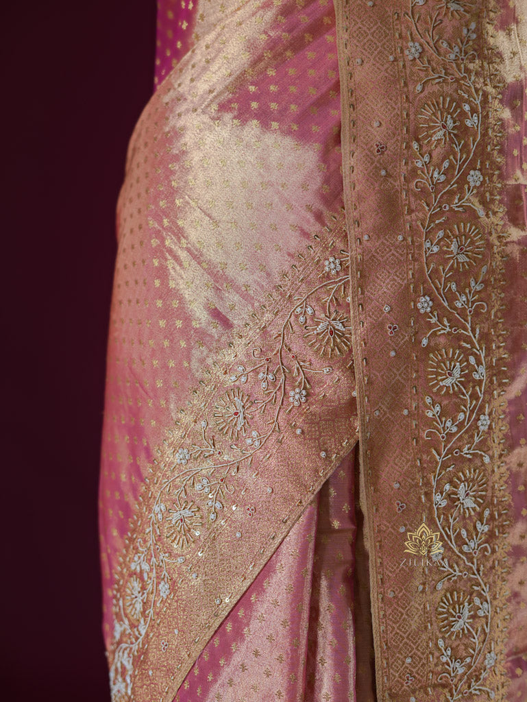 Salmon Pink Kanchipuram Tissue Silk Saree with Zardozi Hand Embroidery
