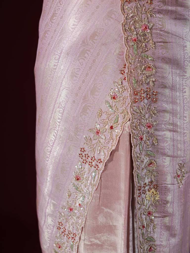 Baby Pink Designer Hand Embroidery Kanchi Tissue Silk Saree