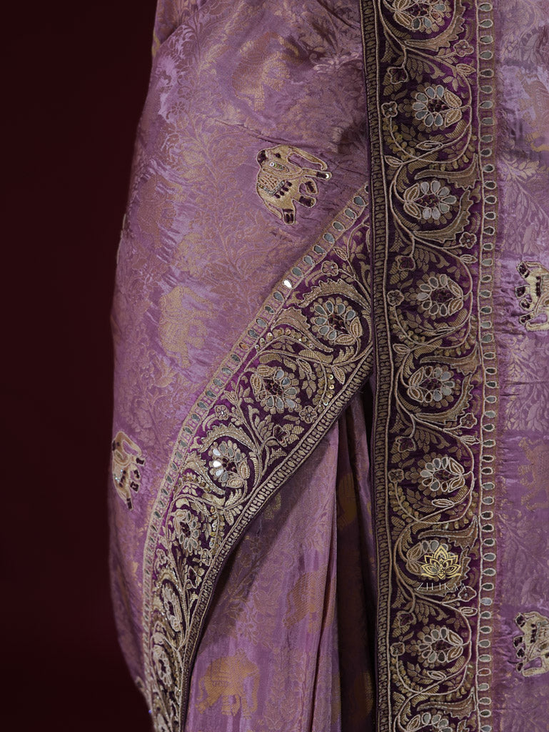 Lavender Purple Zardozi Handwork Munga Banarasi Silk Saree