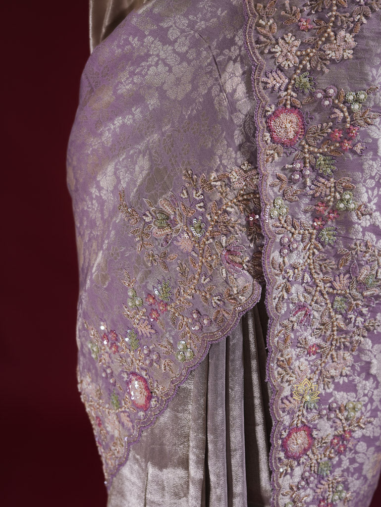 Lilac Purple Designer Hand Embroidery Kanchi Tissue Silk Saree