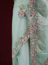 Ocean Green Hand Embroidery Organza Silk Saree