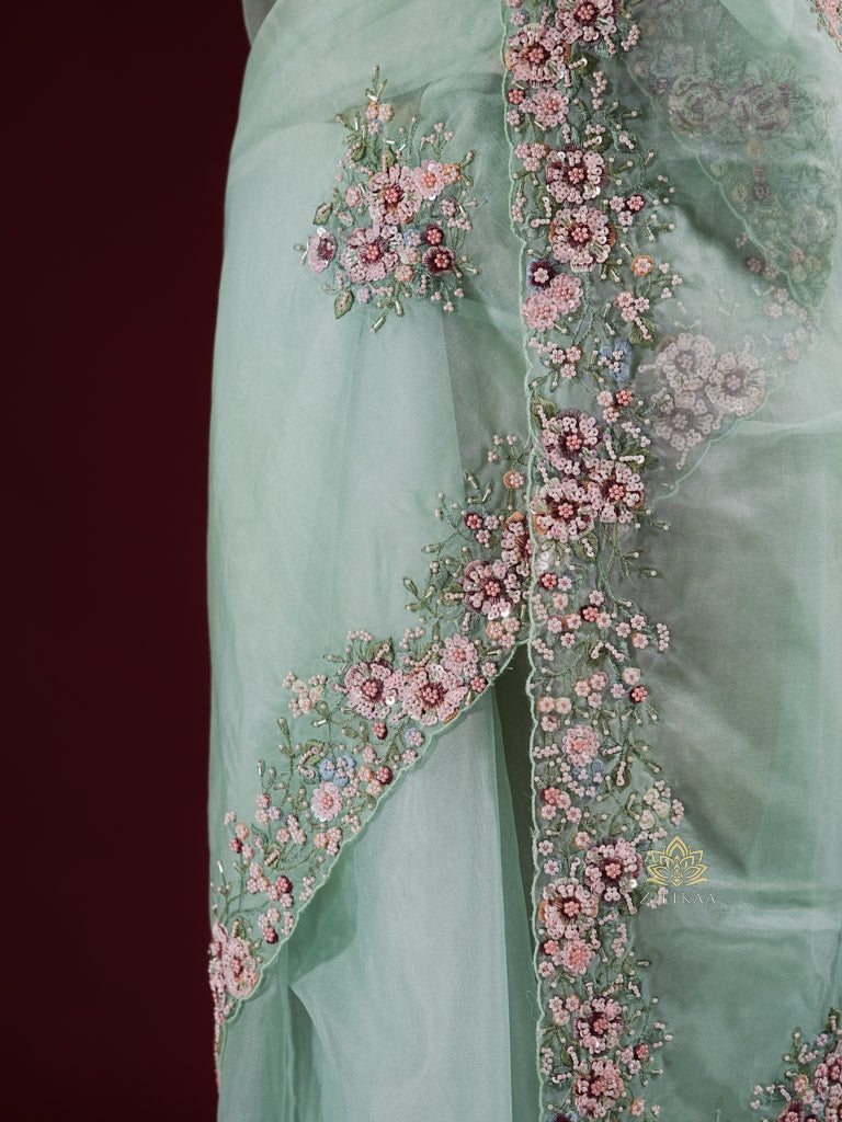 Ocean Green Hand Embroidery Organza Silk Saree